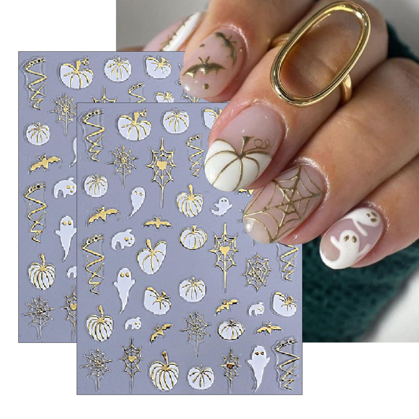 8 Sheets Halloween Nail Stickers 3D Self-Adhesive Glitter Pumpkin Ghost Black Leaf Nail Decals Gold Silver Pumpkin Spider Web Bat Design Nail Stickers for Halloween Party DIY Manicure Kit Decoration