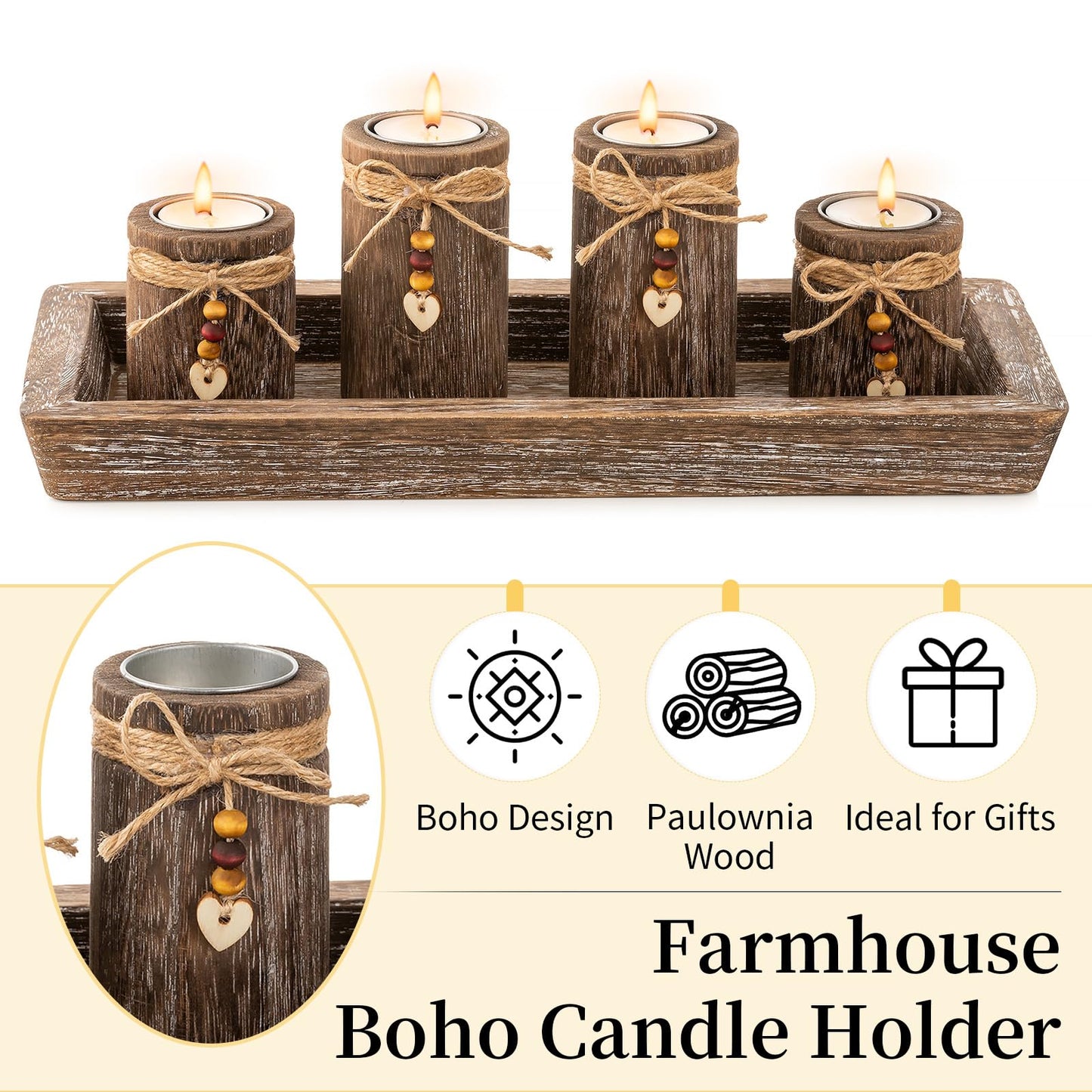 Farmhouse Coffee Table Decor Candle Holder - Romadedi Boho Wooden Tray with 4 Tealight Candles Holders for Tables Centerpiece Home Decorations Living Room Fireplace Kitchen