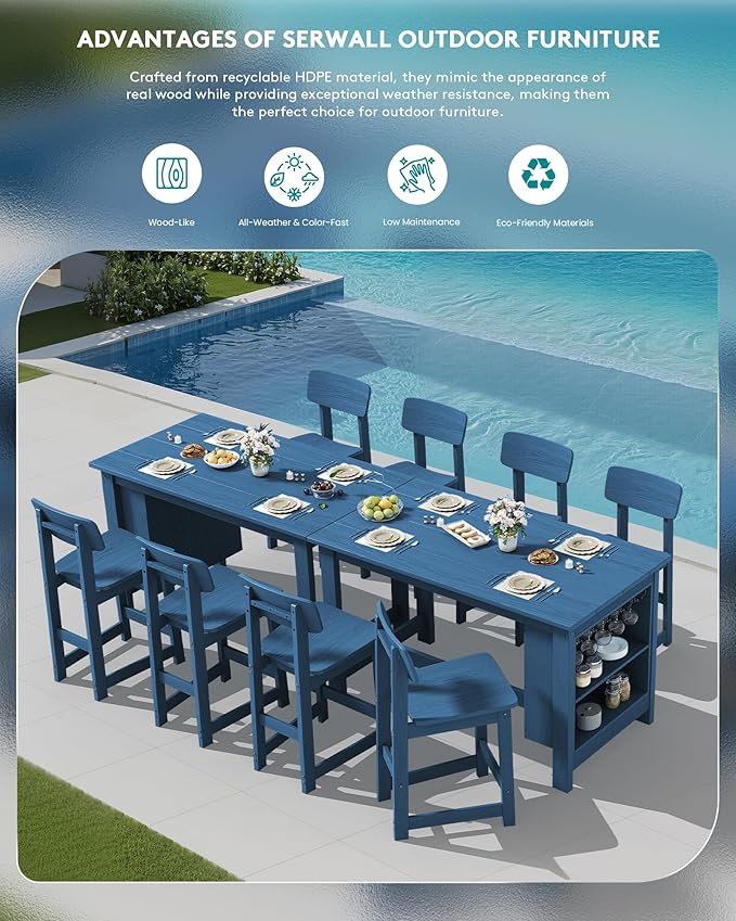 SERWALL 10-Piece HDPE Counter Height Dining Table Sets with Storage and Wine Rack, 2 Rectangular Bar Table with Bar Stools Set of 8 for Garden, Backyard, Kitchen, Blue