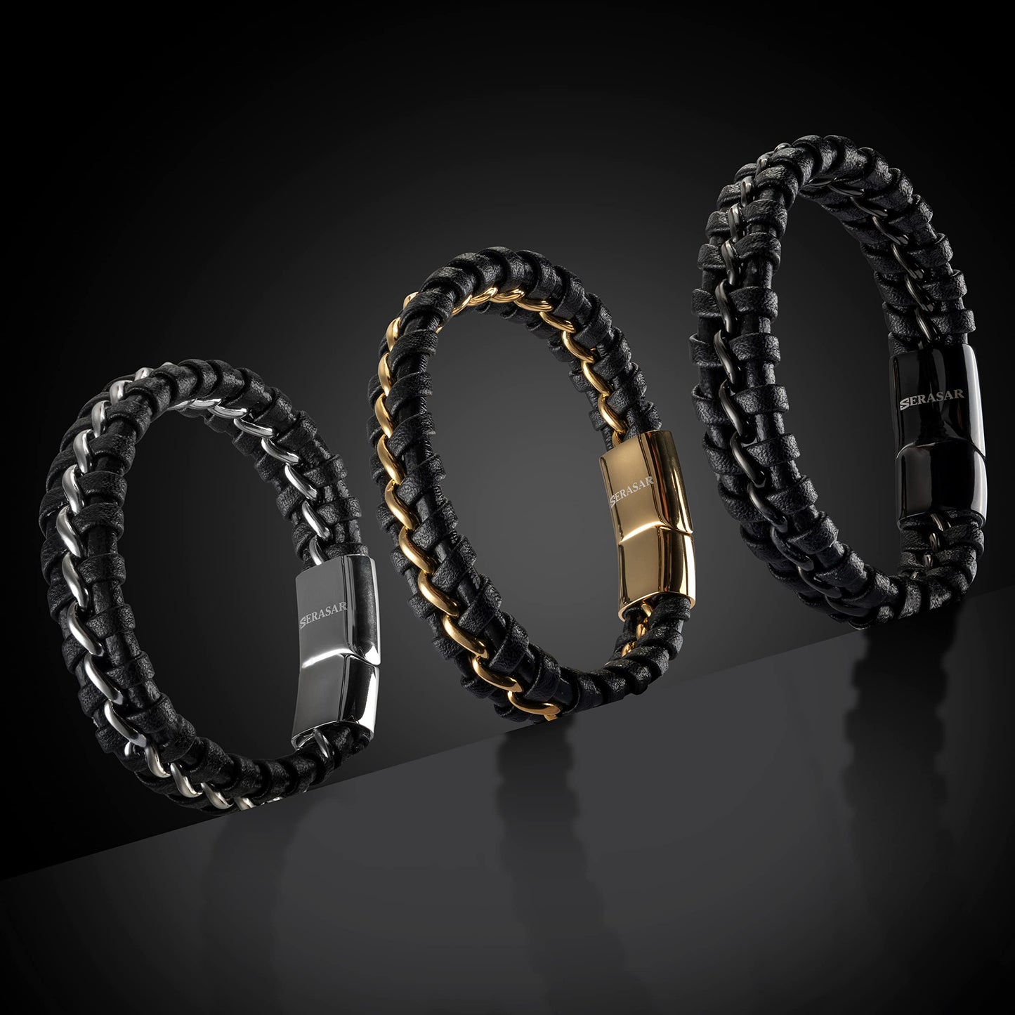 SERASAR Mens Silver Bracelets 17cm Bracelet Men Gift Box Genuine Leather Cowhide Braided Magnetic Clasp Multi Layer Wrap Rope Man Mans Male Band Jewelry Magnet Accessories