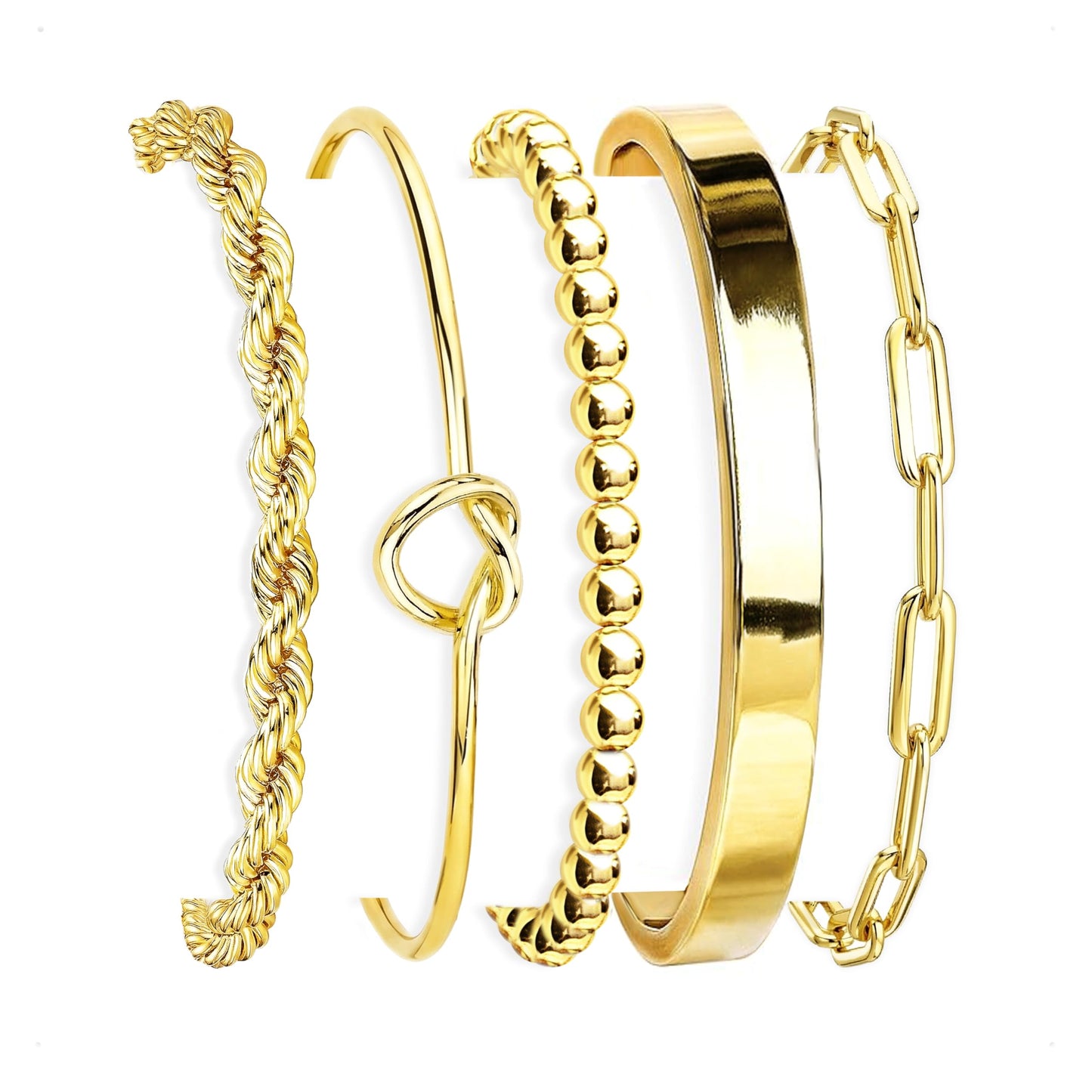 HERIER Gold Bangle Bracelets Stack for Women 14K Gold Plated Cuff Beaded Bracelet for Women Stackable Rope Paperclip Chain Bracelet Jewelry Set Trendy