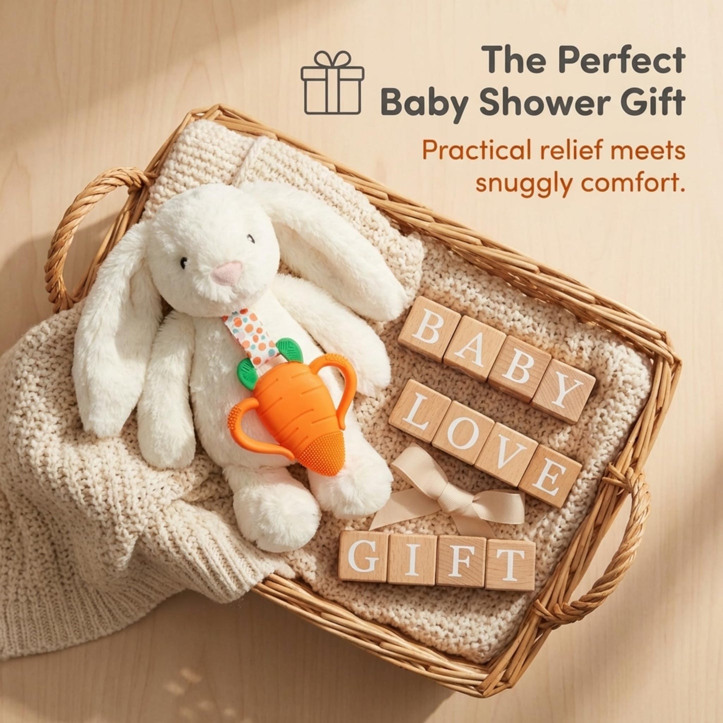 RaZbaby Bunny Snuggly w/Carrot Teething Relief Toy – Soothes Sore Gums w/Nature-Inspired Texture, 100% BPA-Free Silicone Teether, Soft Minky Stuffed Animal – All Ages
