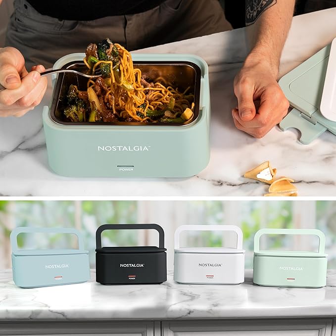 Nostalgia 32-Ounce Heated Electric Lunch Box – Travel Size 4 Cup Capacity for Soup, Pasta, and Leftovers – Leak-Proof Silicone Sealed Lid, Foldable Carry Handle, Detachable Cord – Sage