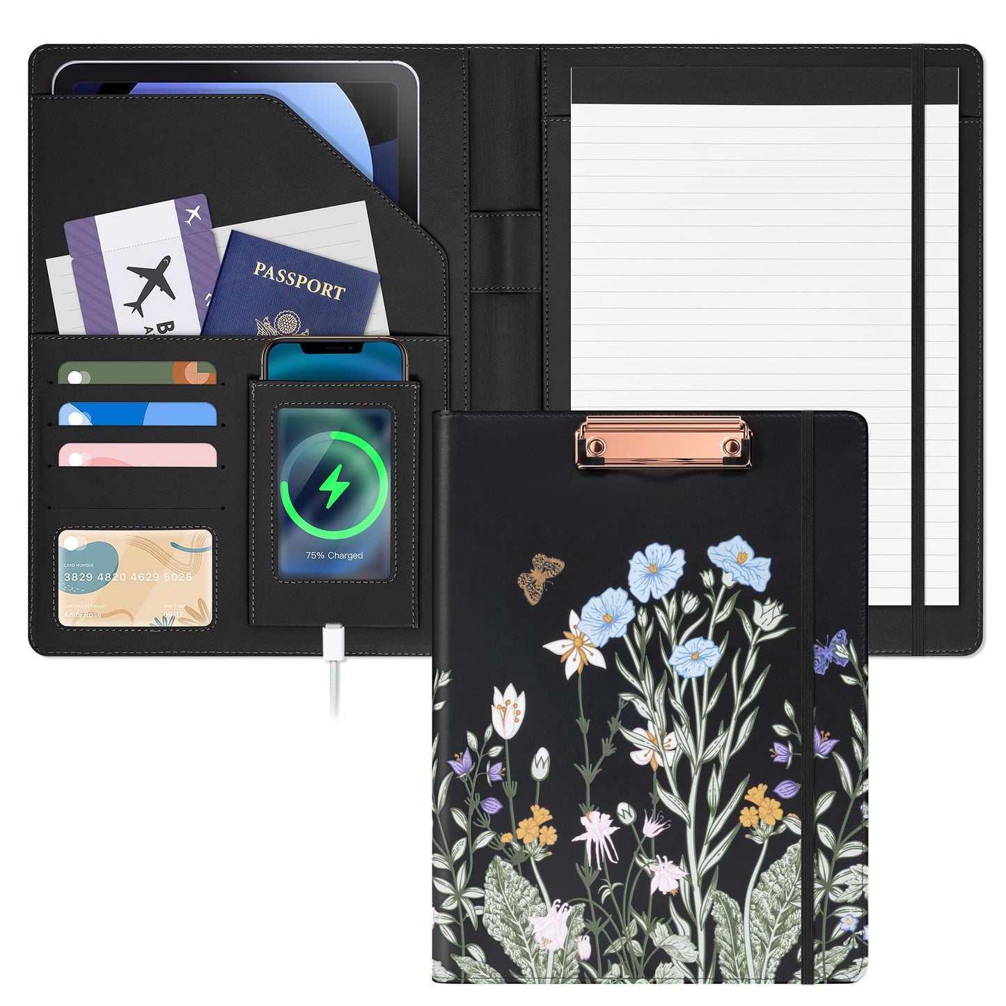 Ospelelf Foldable Leather Clipboard Padfolio with Notepad 8.5 x 11, Business Clipboard Portfolio Organizer, Flowers