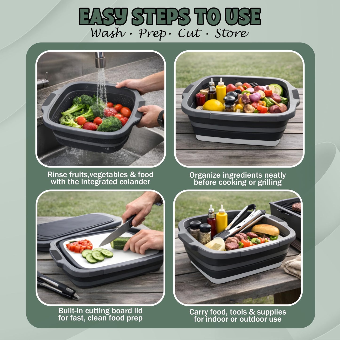 BBQ Prep Tub with 2 Pcs Meat Shredder Claws, Collapsible Cutting Board, Cutting Board with Locking Lids, Drip Easy BBQ Prep Tub with lid-XL Size (Black)
