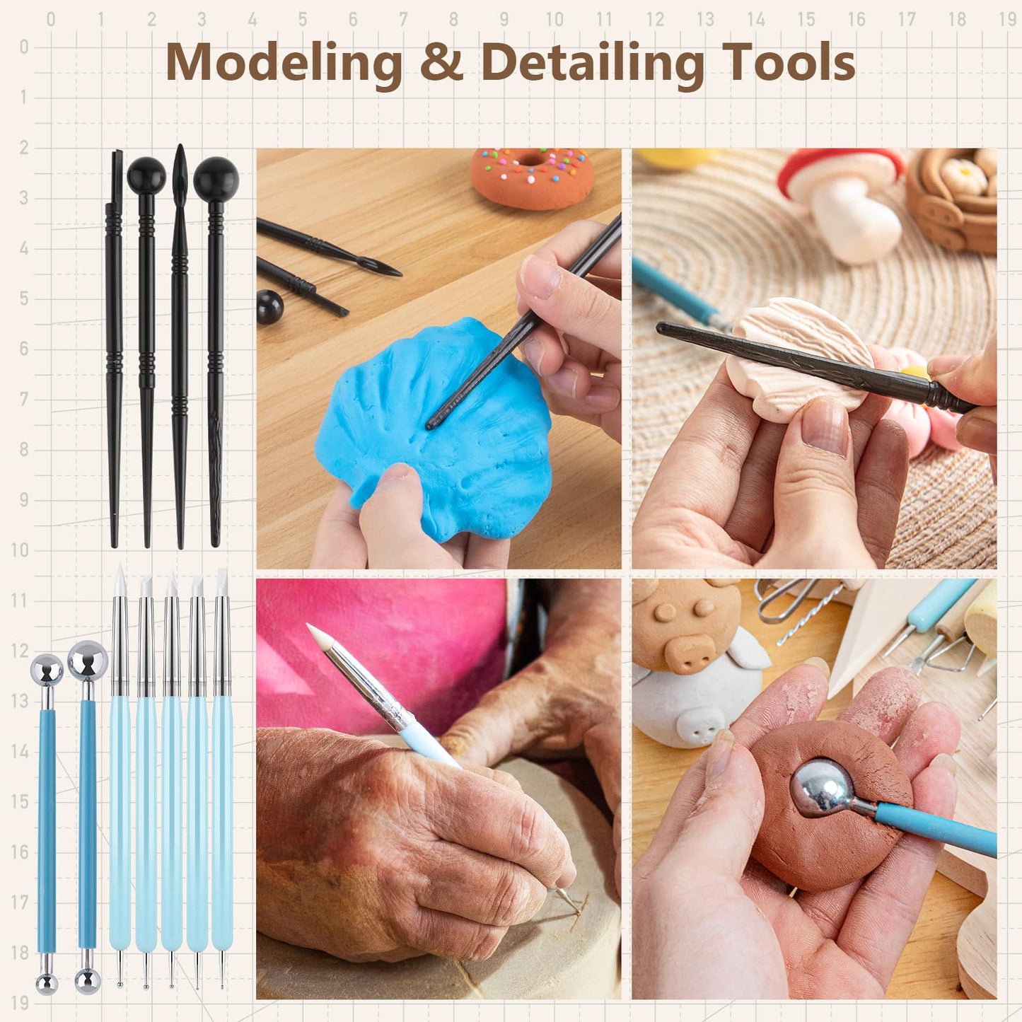 UUSYCUN 36PCS Pottery & Clay Sculpting Tools, Ceramics Polymer Tools Set, Clay Modeling Tools with Case for Air Dry Clay, Carving, Molding, Pottery Wheel, Crafting Supplies, Pros, Beginners, Adults