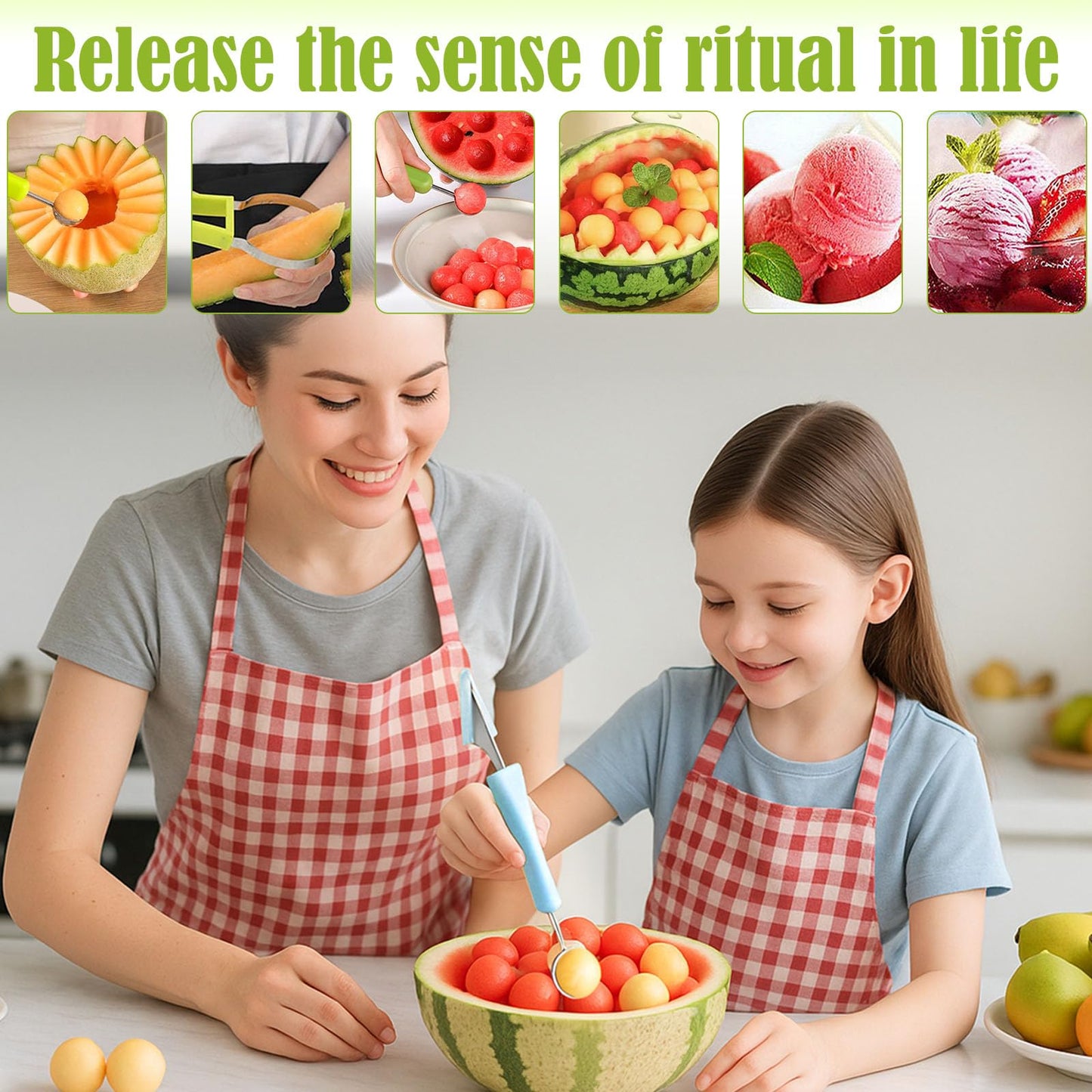 Suuker Melon Baller Scoop Set,Professional 4 In 1 Stainless Steel Fruit Carving Tools Knife Kit, Watermelon Knife for Ice Cream Melon,Dig Pulp Separator Fruit Slicer (Blue)