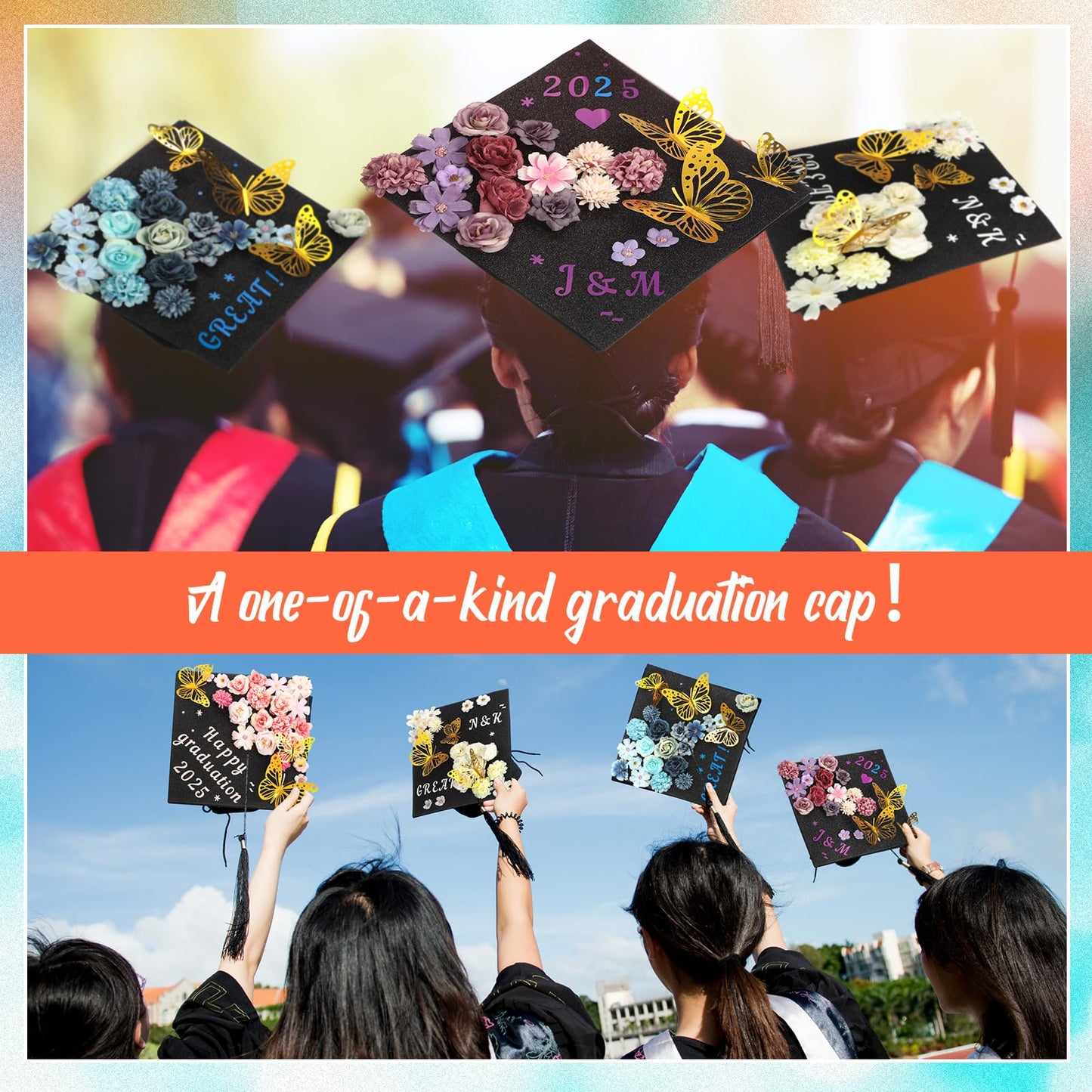 Gilprop 4 Sets 104 Pcs Graduation Cap Decorations Kits, Includes Faux Flower Heads 3D Butterfly Stickers Self Adhesive Glitter Alphabet Letter Number Stickers for Grad Hat Topper DIY