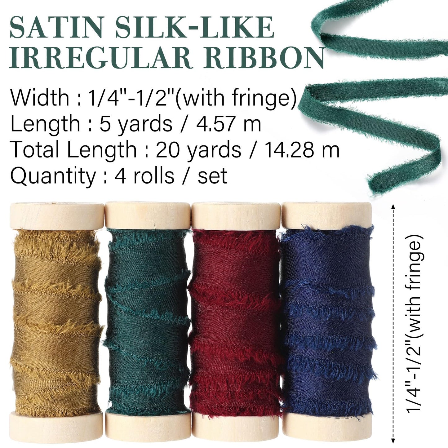 Mindsoft Frayed Chiffon Ribbon for Craft Silk Satin Ribbons 1/2-1/4 Inch x 20 Yard Handmade Fabric Strips with Wooden Spool for Valentines Day Wedding Gift Wrapping(Retro Colors)