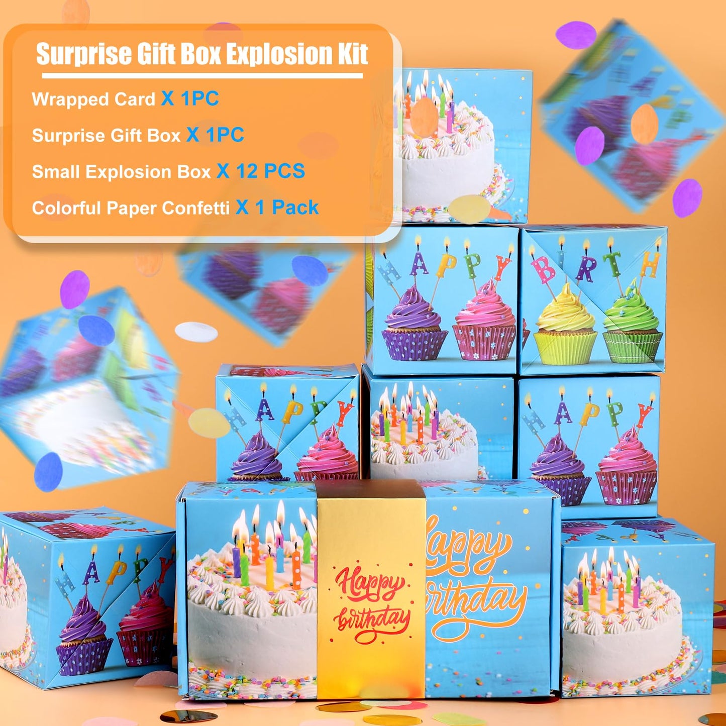 BABORUI Birthday Surprise Box Gift Box for Money, Happy Birthday Surprise Gift Box Explosion with Confetti, Seeroze Exploding Gift Box for Men Women Kids(Blue)