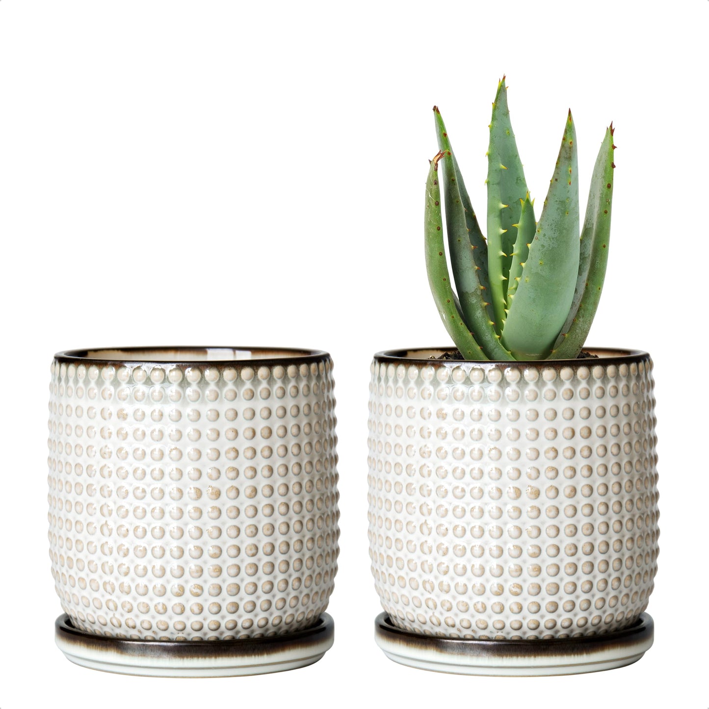 D'vine Dev Set of 2 Ceramic Plants Pots, 4 Inch Beaded Stoneware Flower Pot for Plants with Drainage Hole and Saucer, Smoked White, 27-E-Z-1