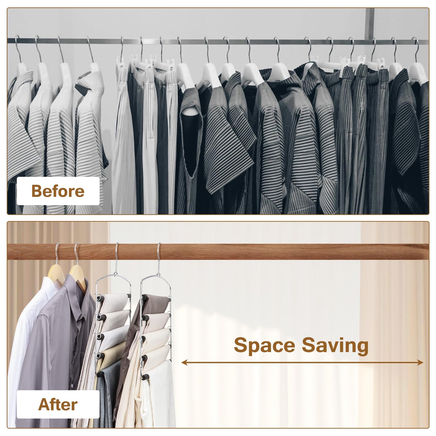 Cycleacc Pants Hangers Space Saving, 2 Pack Anti-Slip Space Saving Hangers, 5 Layer Swing Arm Pants Hanger Stainless Steel with Non-Slip Padding, Closet Organizers & Storage for Pants Trousers Jeans