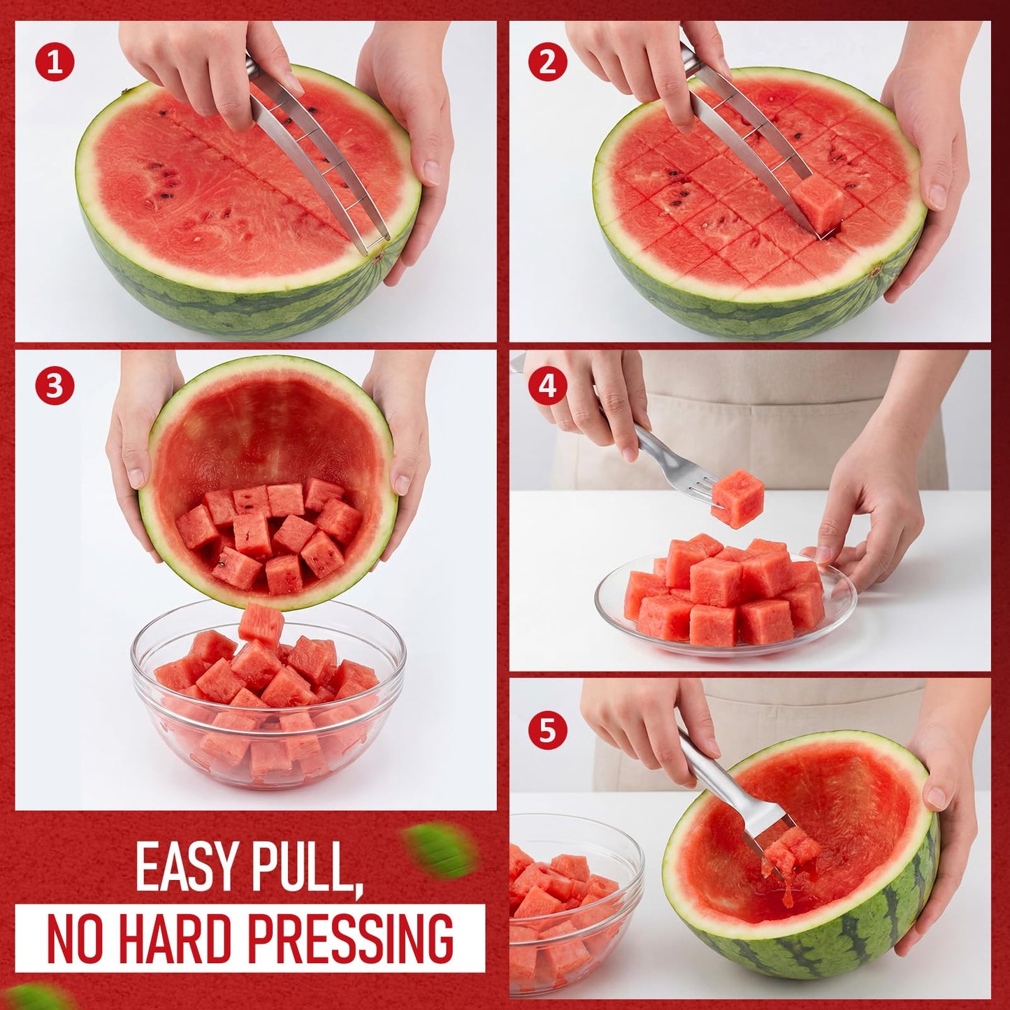 LemonRoad 2 Pcs Watermelon Cutter Slicer Set, 2-in-1 Stainless Steel Fruit Cutter with Fork & Watermelon Cutters Tool for Easy Cubes, Quickly Melon Slicer Tool Set for Home Party Camping Kitchen