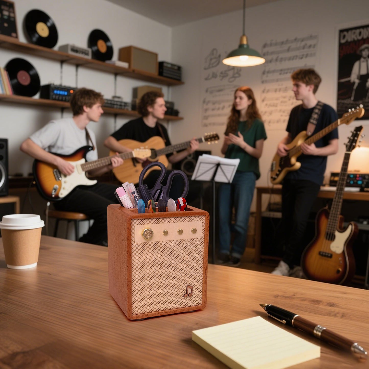 CoolGift Mart Guitar Accessories, Sapele Wood Amp Styled Guitar Pick Holder with Pen Storage, Desk Organizer Gift for Guitarists for Picks and Pens Storage