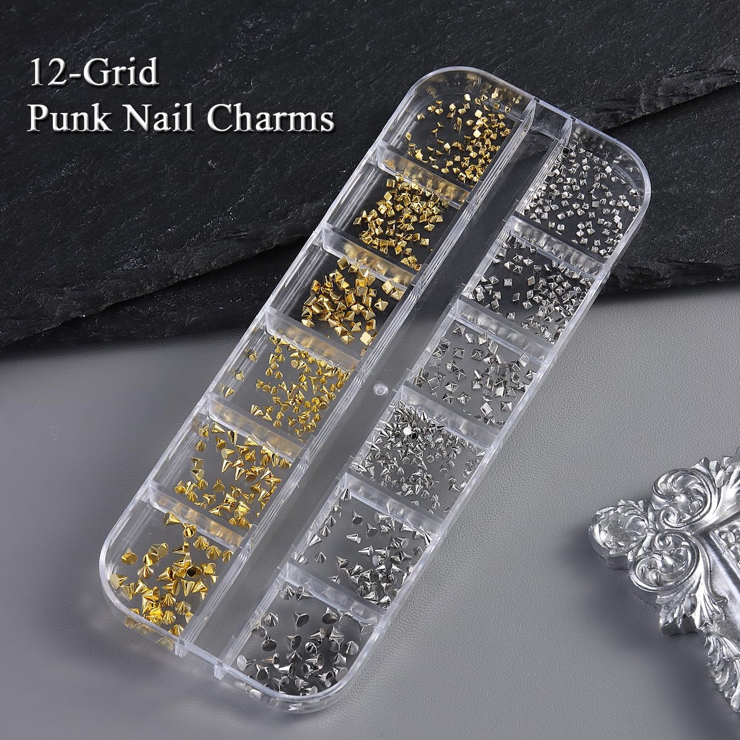 Furtherpretty Cone Spike Nail Charms Set, 3D Tiny Metal Square Pyramid Studs for Nails, Mixed Sizes Gold & Gunmetal Flat Back Punk Nail Charms, Gothic Y2K Rock Edgy DIY Manicure Decorations