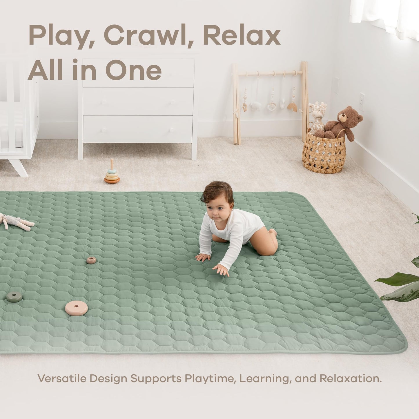 Comfy Cubs Rectangle Kids Play Mat - Large 60 x 96 inches Soft Quilted Baby Floor Mat with Non-Slip Bottom - Plush Design for Toddlers' Playtime - Comfortable and Durable - Fern