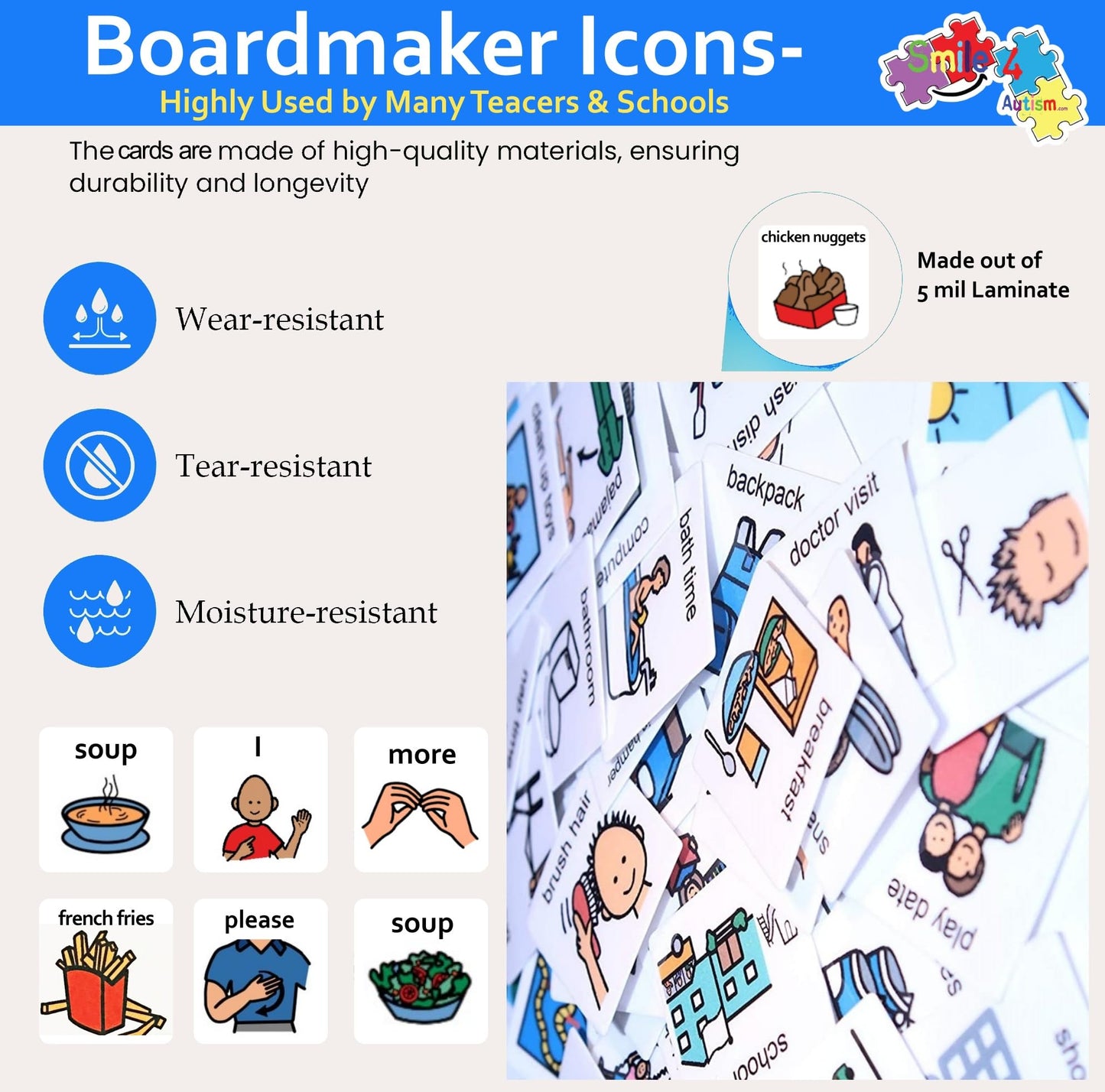 Smile4Autism Small 1.5"x1.5" Loose Visual Picture Cards, Receptive and Expressive Language, Speech Articulation Therapy, ASD, ADD, ADHD, Apraxia, & Stroke Patients. (Cartoon Icons 162 Pcs, Laminate)