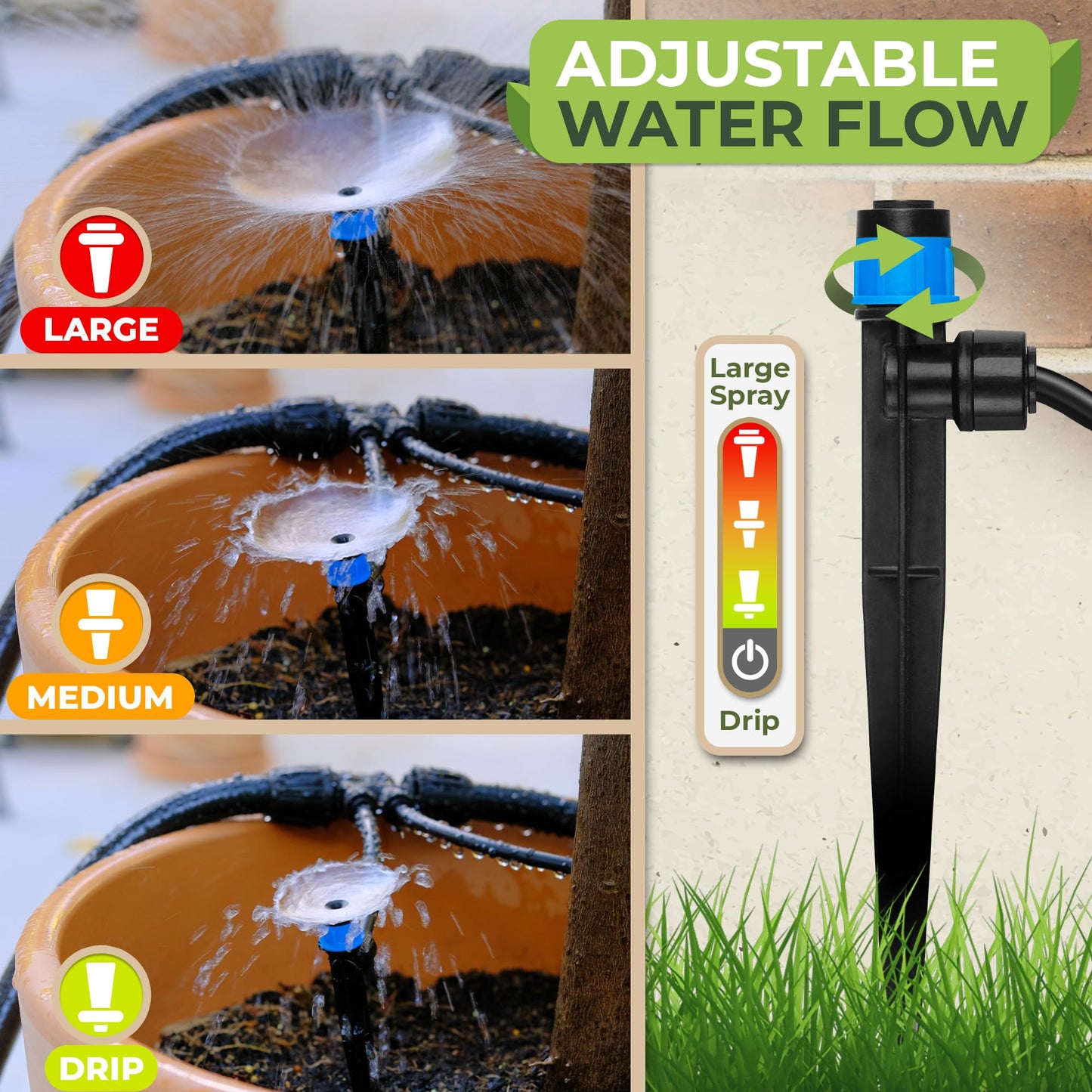 Carpathen 30pcs Drip Irrigation Emitters - 1/4" Drip Irrigation System Push-to-Connect - Adjustable 360 Degree Drip Emitters Vortex on 6" Sturdy Stake - Irrigation Drippers for Garden Watering System