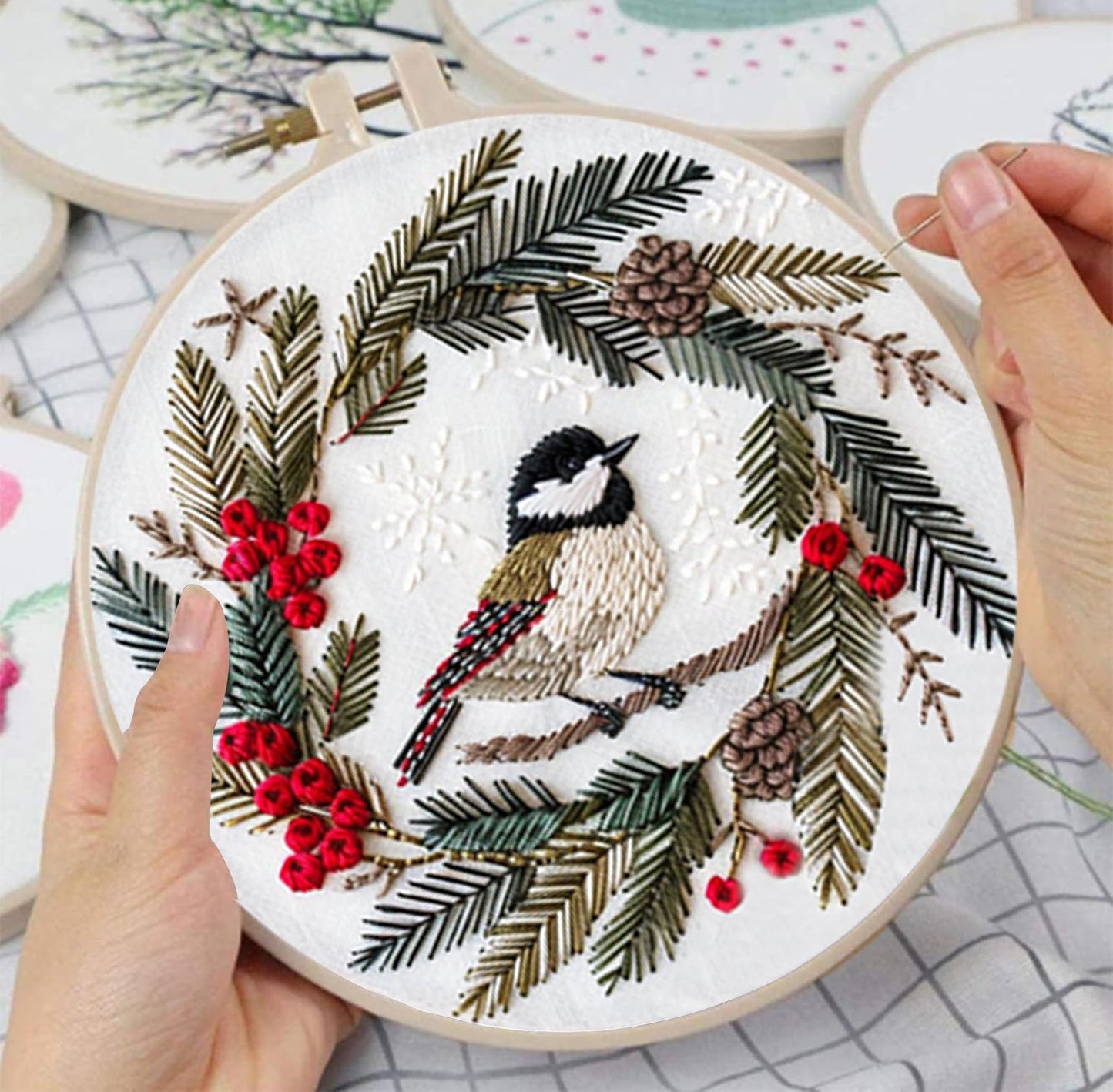 Huacan Embroidery Kits for Adults Beginner DIY Cross Stitch Stamped Christmas Pattern Stitching Wreath Sewing Kit 1 Piece 7.8 x 7.8 Inch