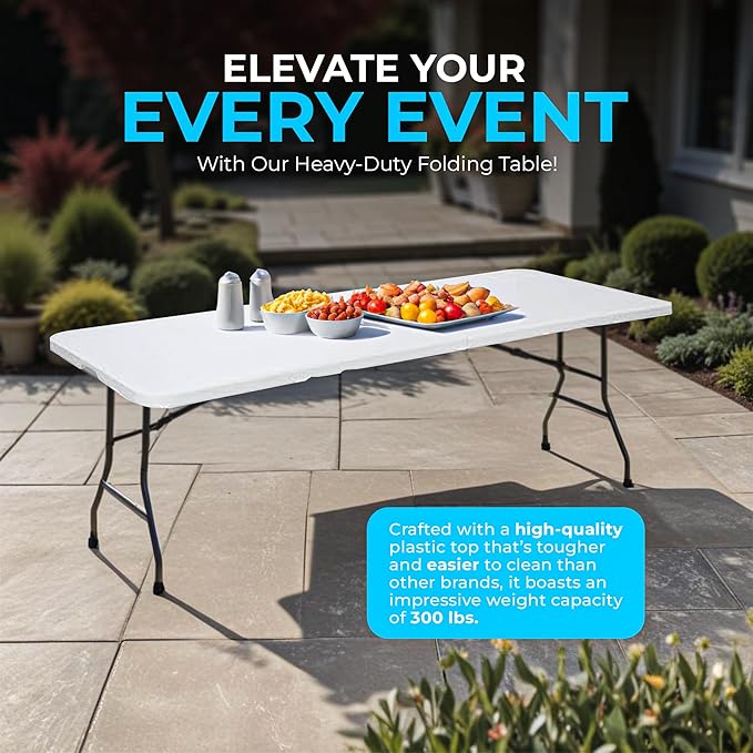 SIMPLI-MAGIC 4ft Plastic Folding Table, Indoor Outdoor Heavy Duty Portable/Handle, Lock for Picnic, Party, Camping - White