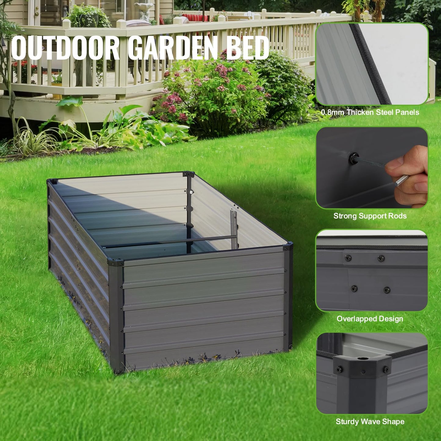 Backyard Expressions 6x3x2ft Outdoor Metal Raised Garden Bed, Deep Root Planter Box for Vegetables, Flowers, Herbs, and Succulents - Grey/Black