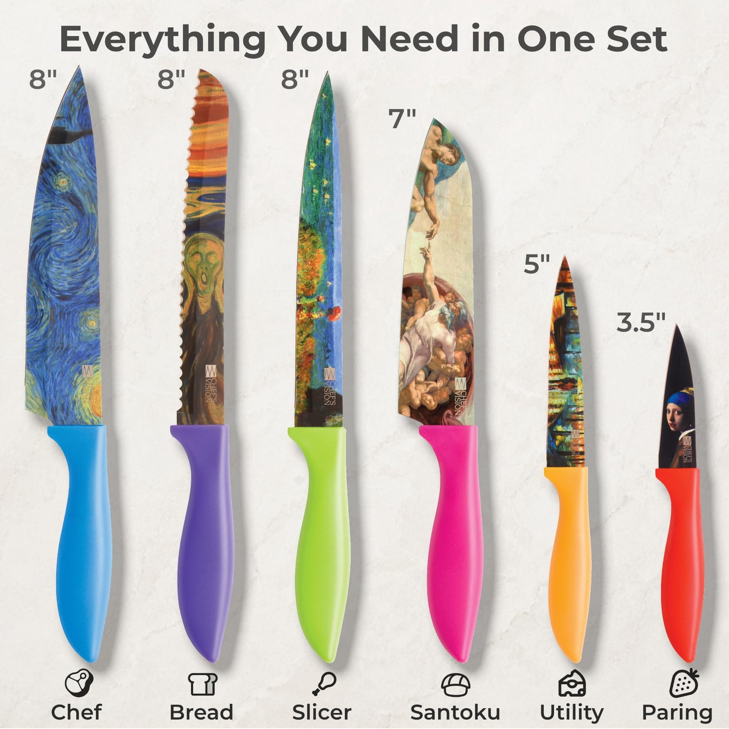 CHEF'S VISION Masterpiece Knife Set -6-Piece Stainless Steel Cutting Knives Set for Kitchen - Stunning Artistic Designs, Great Gift for Women or Men - Unique Kitchen Knife Set Gift for Art Lovers