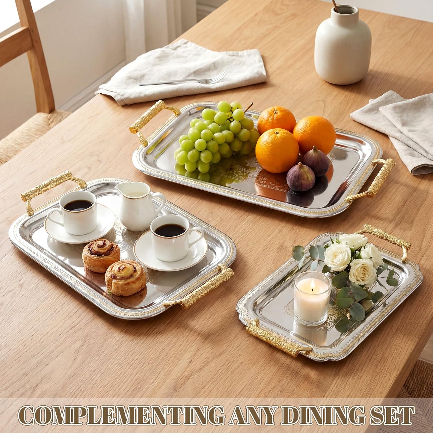 Teecyhooo 3 Pack Stainless Steel Serving Tray with Gold Handle Silver Metal Plate Platter Coffee Tea Serving Tray Floral Table Platter for Buffet Wedding Party Jewelry(Rectangle)