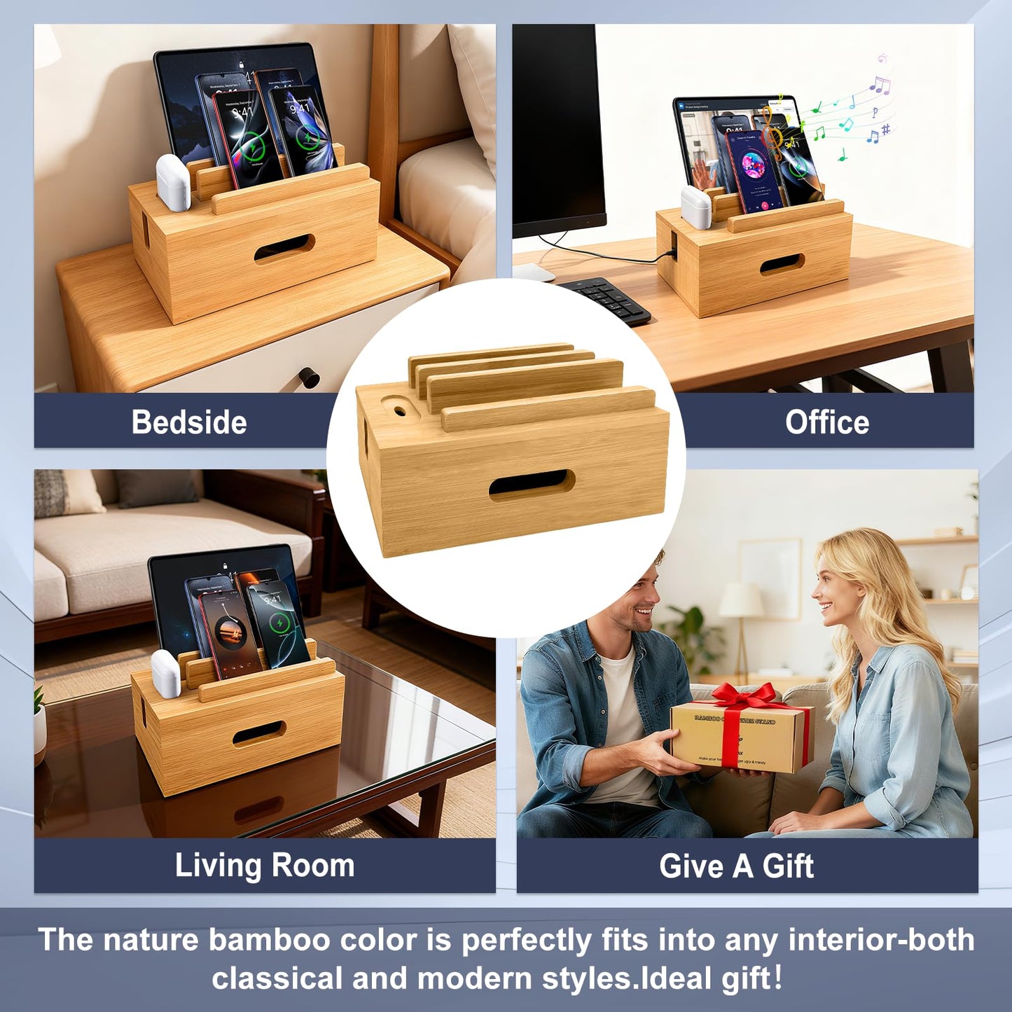 Osmudax Bamboo Charging Station for Multiple Devices, Cable Management Box for Power Strip, USB Charger & USB Charging Hub/Station, Wood Docking Station Desktop Organizer Bedside Table Organizer
