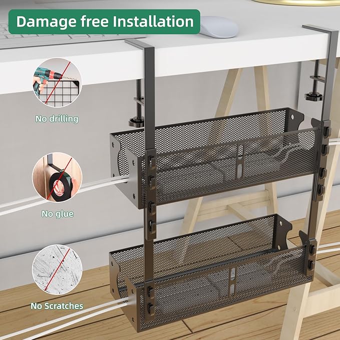 Multi-Model Under Desk Cable Management Tray 2 Packs Metal Under Desk Wire Management Clamp Mount Under Table Cord Management No Damage The Desk (Black)
