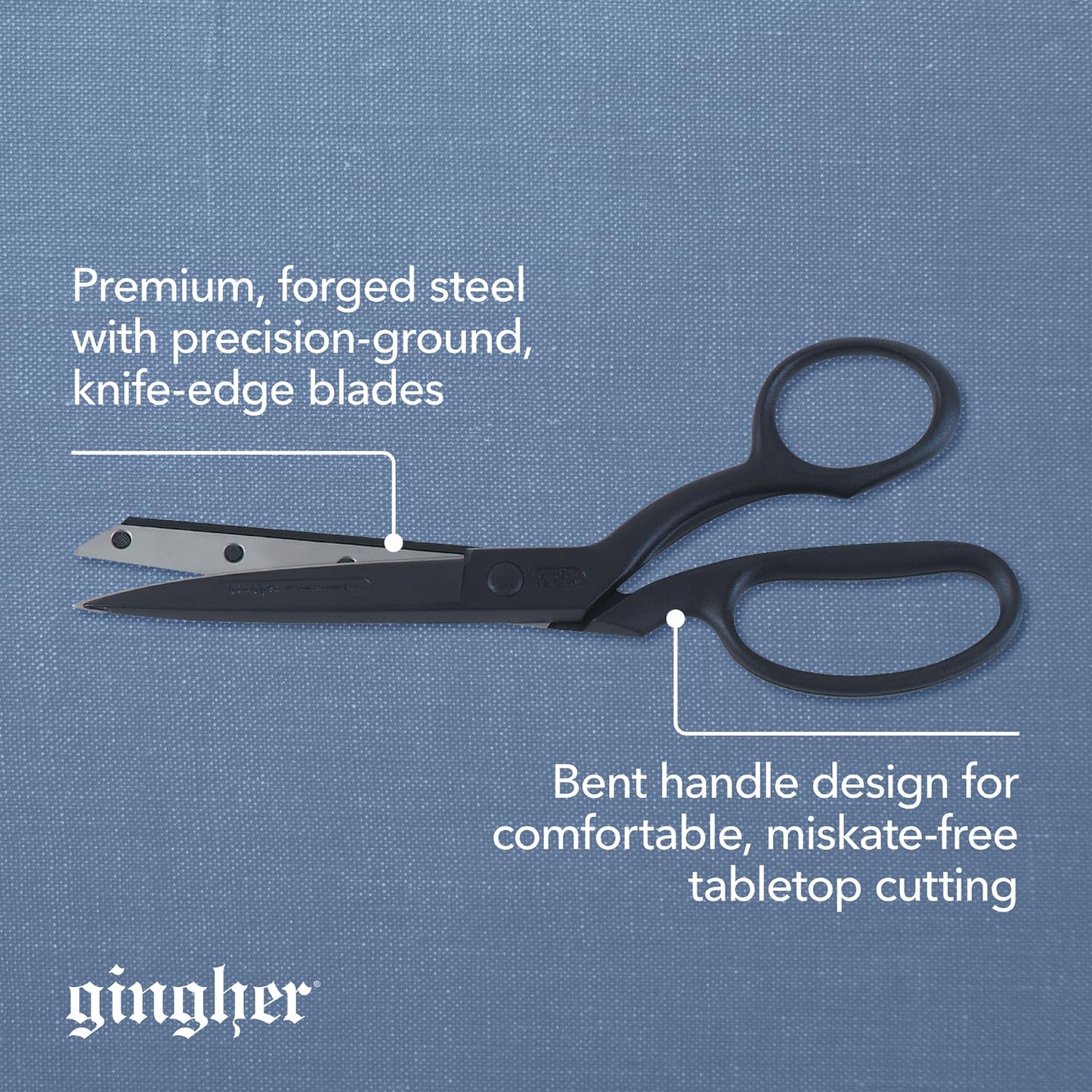Gingher Featherweight Bent Handle Scissors - 8" Stainless Steel Shears - Sharp Fabric Scissors - Black
