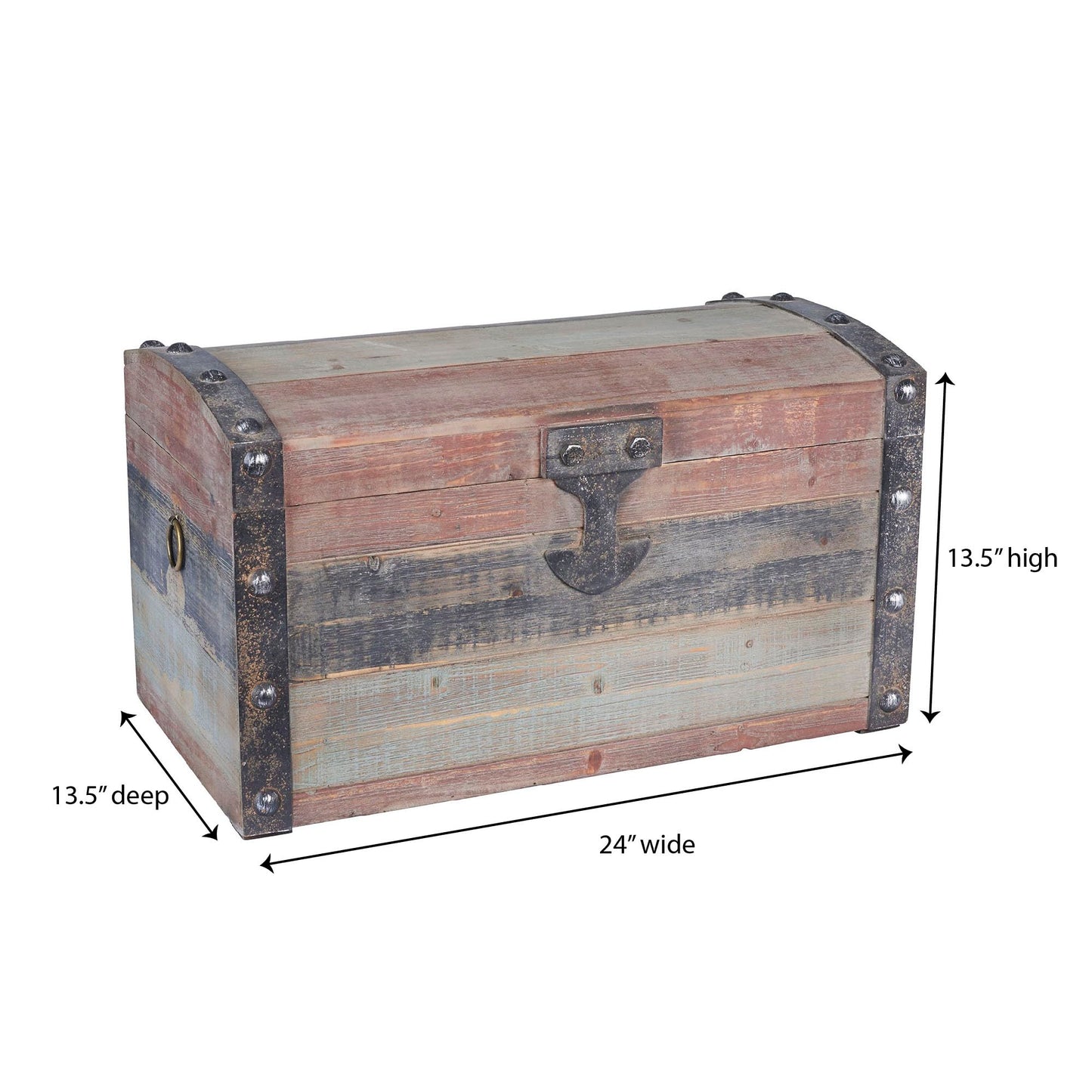 Household Essentials Small Wooden Storage Trunk, Weathered Wood with Paint Finish, Hinged Lid with Metal Accents