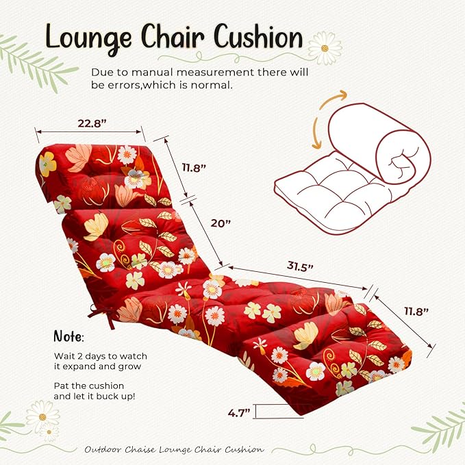 Outdoor Chaise Lounge Chair Cushion 75.1 x 22.8 x 4.7 Inches 100% Waterproof Replacement Cotton Patio Pool Lounge Chair Cushion for Outdoor Furniture with Ties, Red Peony