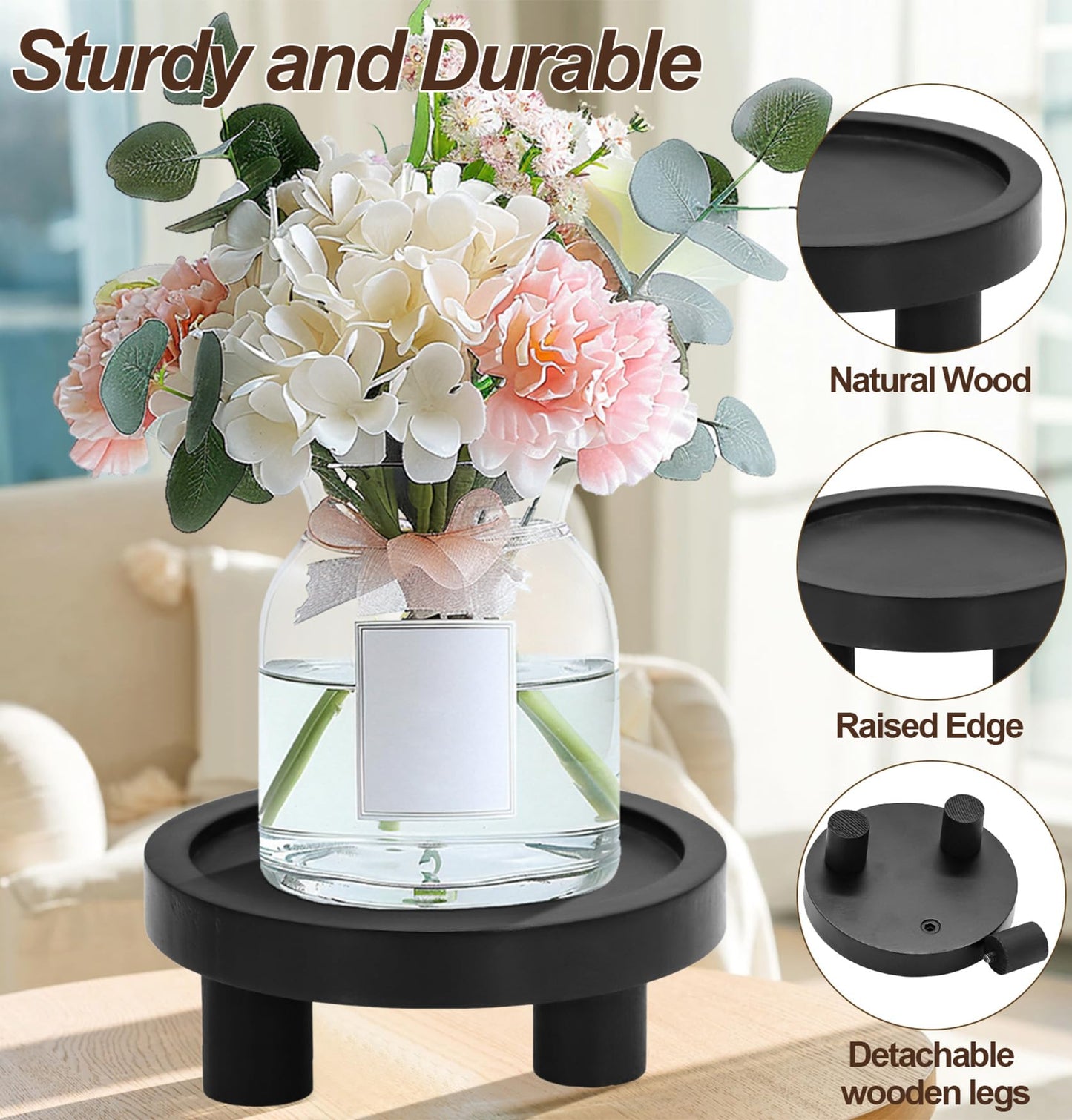 LINGXIANSENG 3 Pcs Wooden Risers for Display, Round Wood Riser Plant Stand 5/6/8" Pedestal Stand, Flower Pot Holder Small Planter Tray for Kitchen Home Décor (Black)