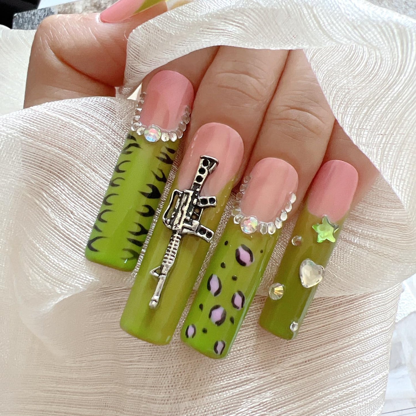 NAIL ANGEL 10PCS/SET Handmade Press on nails Metal Glitter Rhinestone Green Leopard Prints Crystal Cherry Gem Long Coffin Nails Party Nails XXL Long Artifical Tips ZJ-07 (Multi-Color, ZJ07-S)