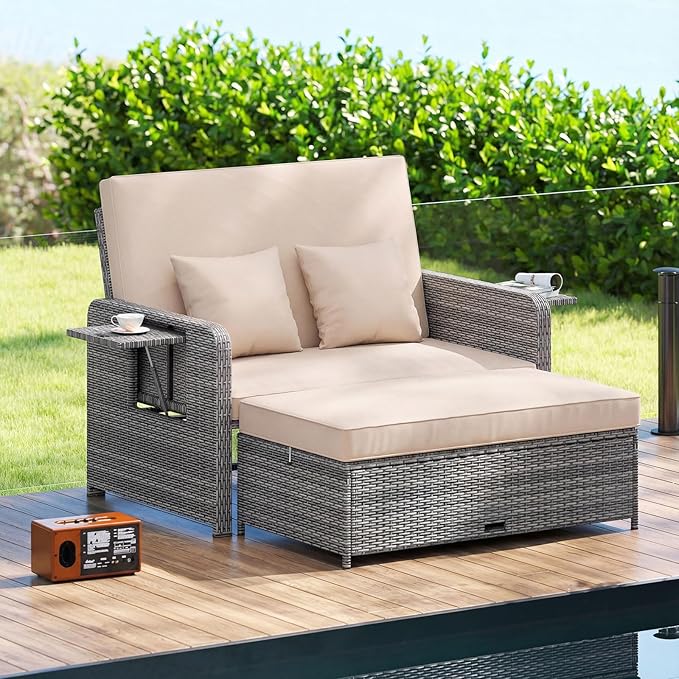 HAPPYGRILL Patio Rattan Wicker Daybed with Loveseat & Storage Ottoman, Outdoor Lounge Sofa Furniture Set with Adjustable Backrest & Side Trays, for Poolside Deck Porch Lawn (Mix Grey & Beige)