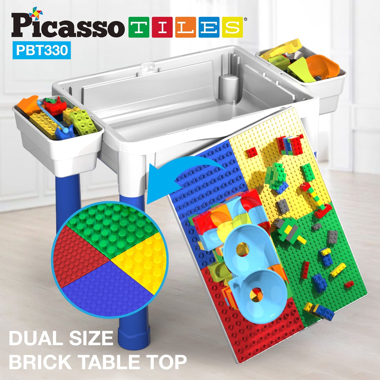 PicassoTiles Kids Activity Center Play Table & Study Desk Set Sandbox Water Tight Container Storage All-in-1 STEM Toy Kit Playset with 330pc Dual Size Building Bricks Construction Blocks Marble Run