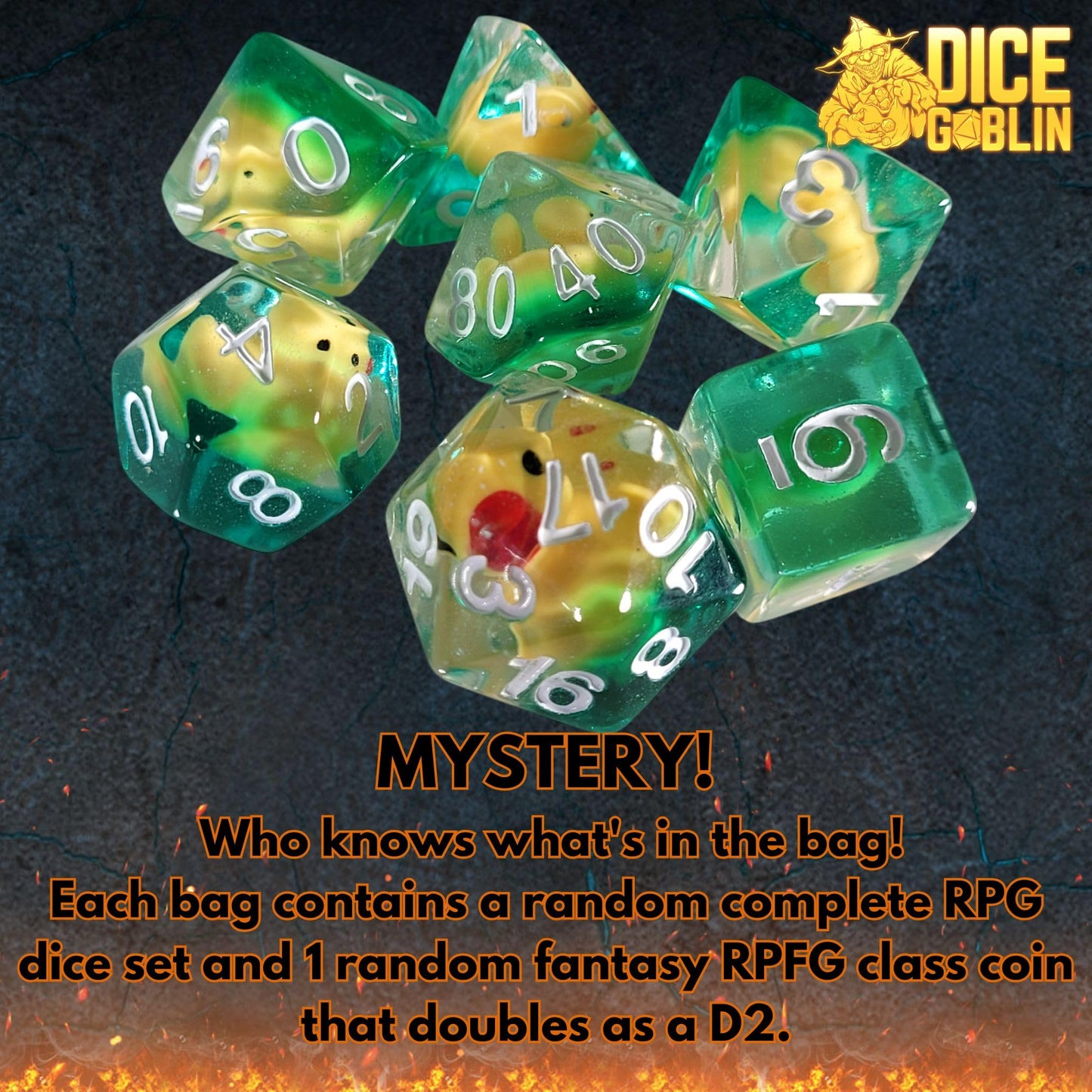 Forged Dice Co. Dice Goblin Mystery Dice Set of 7 - Resin or Plastic - with Mystery Metal RPG Class Coin