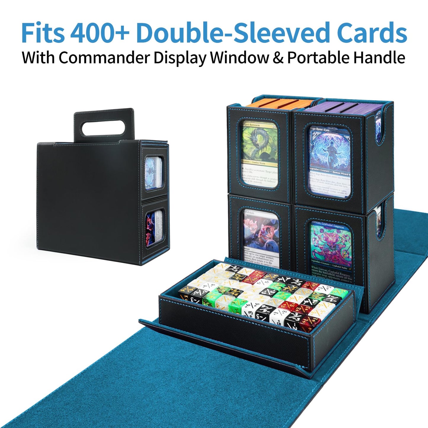 AFIING Commander Deck Box for MTG, Holds 400+ Double-Sleeved Cards, 4 Removable Deck Cases with Display Window, Dice Tray/Handle,Trading Card Storage Organizer/Dividers for TCG (Black Cyan)
