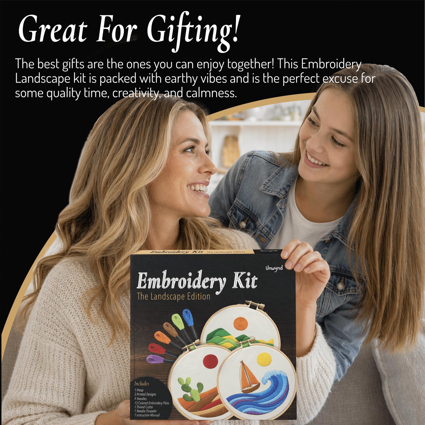 Unwynd Embroidery Kit Landscape Edition Set of 3 kit,Cross Stitch Kits for Beginners,Needlepoint Kits for Adults with Easy Floral Pattern Hand Crafts,Hoop,Needle,Mothers Day Gifts