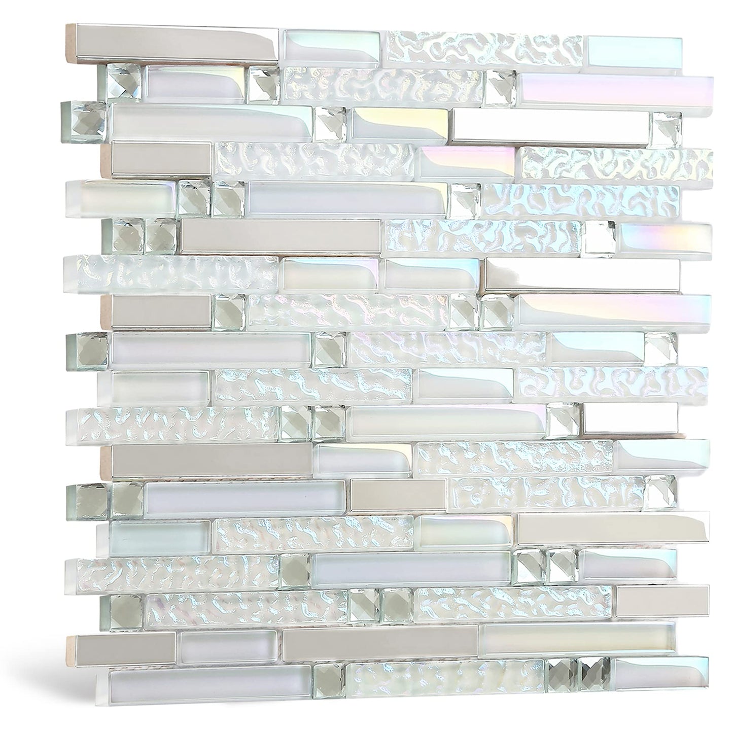 Blujellyfish Glass Metal Tile Iridescent White Glass Silver Mirror Stainless Steel Blends Interlocking Strip Wall Tiles TSTNB01 (Pack of 5 Sheets)