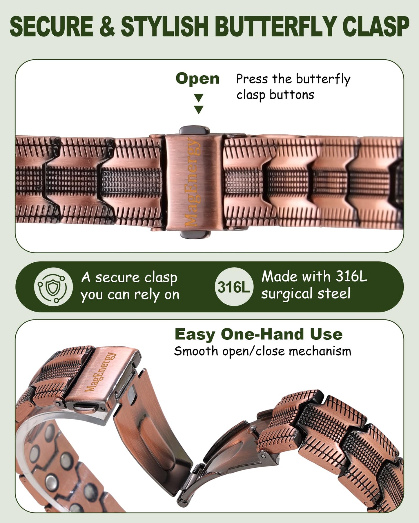 MagEnergy Copper Bracelet for Men, Strength Magnetic Bracelet with 3800 Gauss Magnets, 99.99% Copper, Adjustable Length with Sizing Tool, Premium Fold-Over Clasp