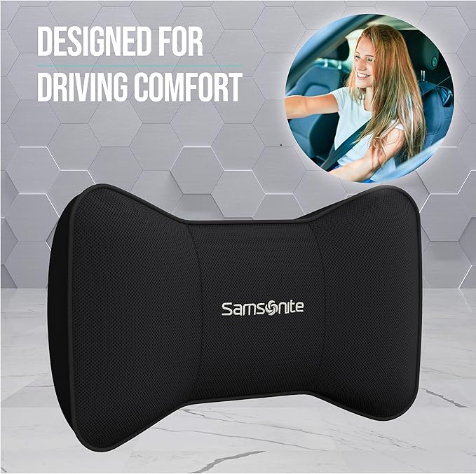 SAMSONITE Travel Neck Pillow – Memory Foam Car Seat Headrest Cushion, Ergonomic Neck Support for Driving, Adjustable Strap, Comfortable Head Rest for Long Trips, Travel Pillow for Cars & Office Chairs