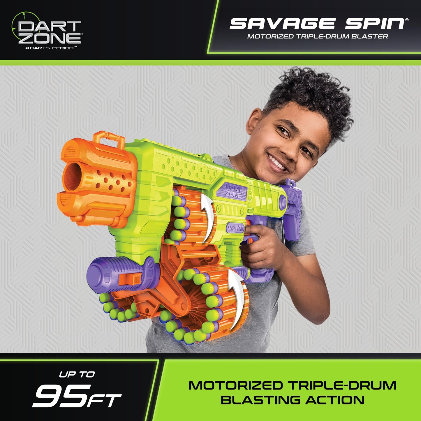 DART ZONE Savage Spin Semi-Auto Foam Dart Blaster – 45-Dart Triple-Drum Motorized Foam Dart Gun – NERF Dart Compatible Soft Bullet Toy Gun for Kids w. 90 Darts – AKA Adventure Force Gun – 80 ft Range