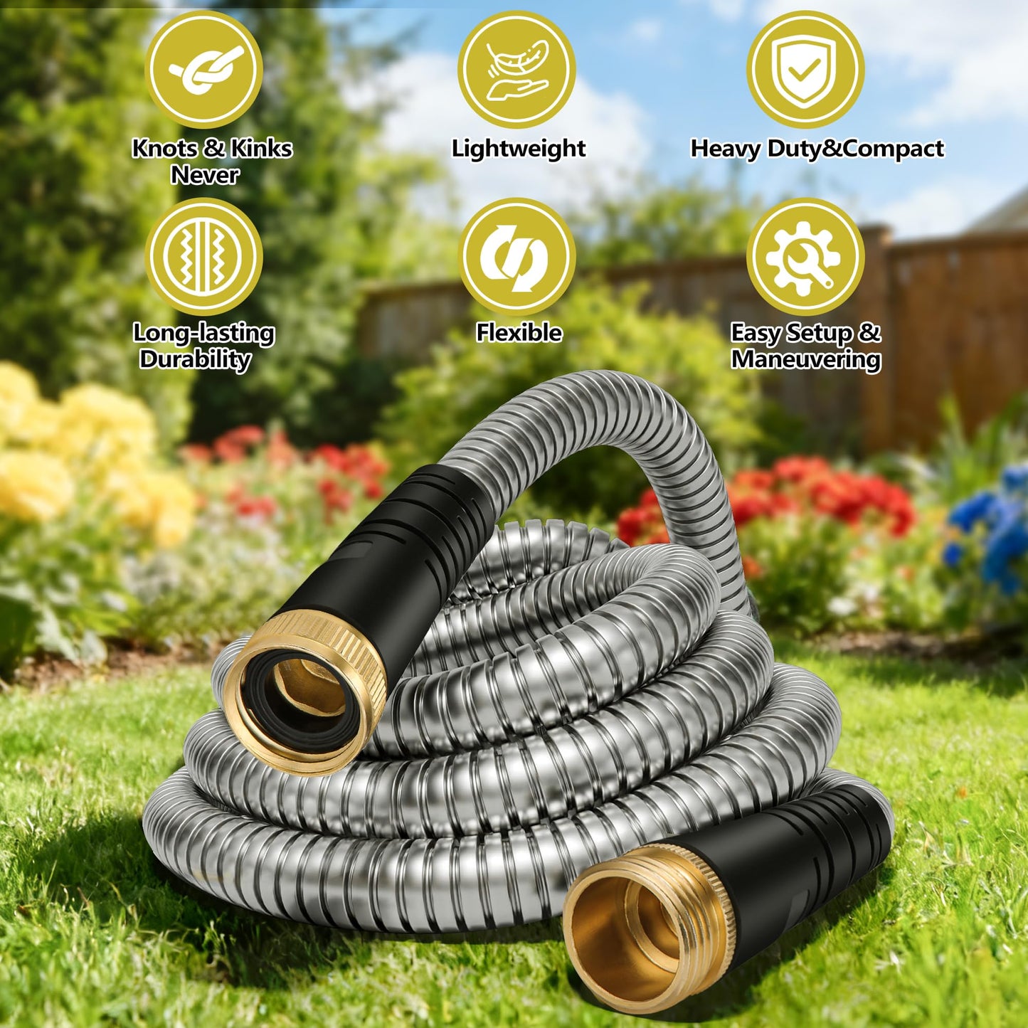 50 ft Stainless Steel Garden Hose - 2026 New Upgraded Metal Water hose - Flexible Water Hoses Pipes with Latex Core, 3/4" Solid Brass Connector - No-Expandable Watering Garden Hoses