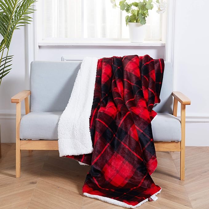 SOCHOW Sherpa Plaid Fleece Throw Blanket, Double-Sided Super Soft Luxurious Bedding Blanket 50 x 60 inches, Red