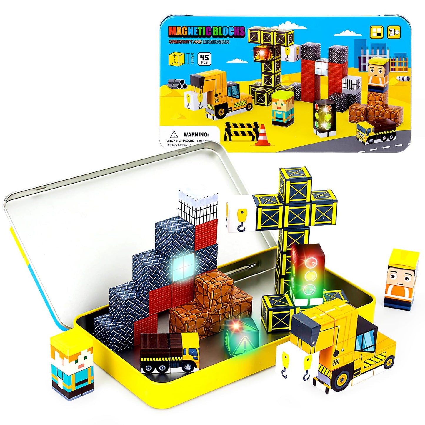 Tyholoo 45PCS Magnetic Blocks Travel Toys for Kids with Portable Iron Box, Mini Magnetic Cubes Outdoor Toys for Airplane & Car Ride STEM Learning Gift Idea for Ages 3+ Gift（ Construction Theme）