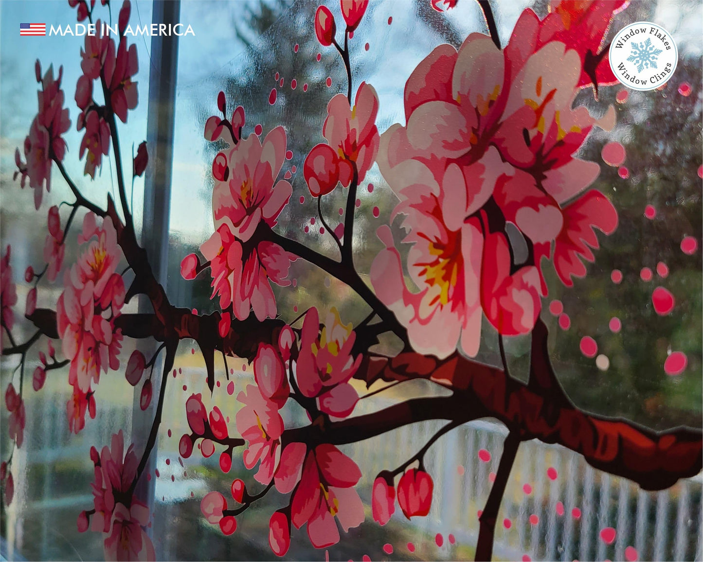 Window Flakes Cherry Blossom Window Clings - 2 Large 40" x 12" Spring Floral Border Decals - Double Sided UV Print Static Cling for Glass - Bird Strike Prevention Sakura Branch Decor - Made in USA