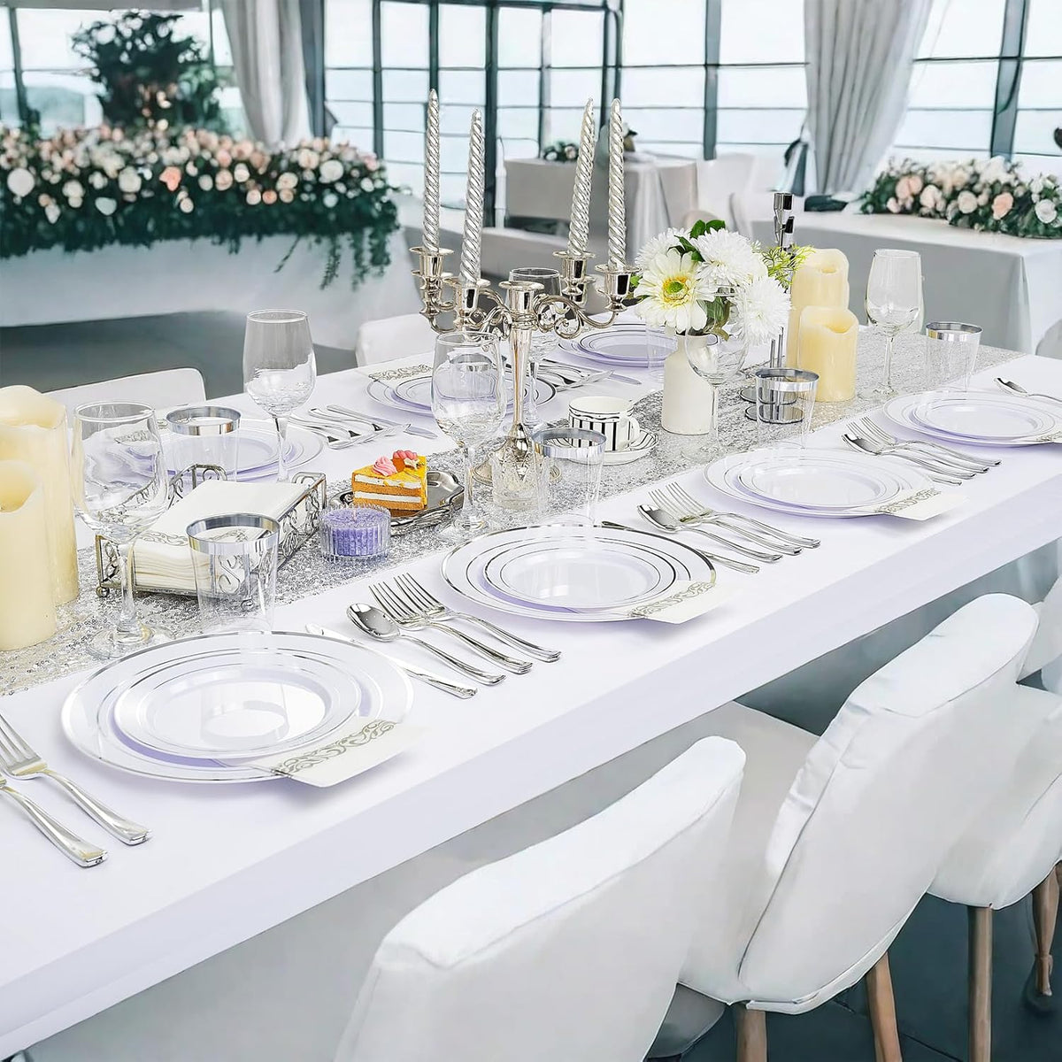 Supernal 400pcs Silver Plastic Dinnerware Set Heavy Duty Disposable Plates Include Silver Plastic Dessert Plates,50 Spoons & Knives & Cups & Napkins & 100 Forks,Prfect For Party and Wedding