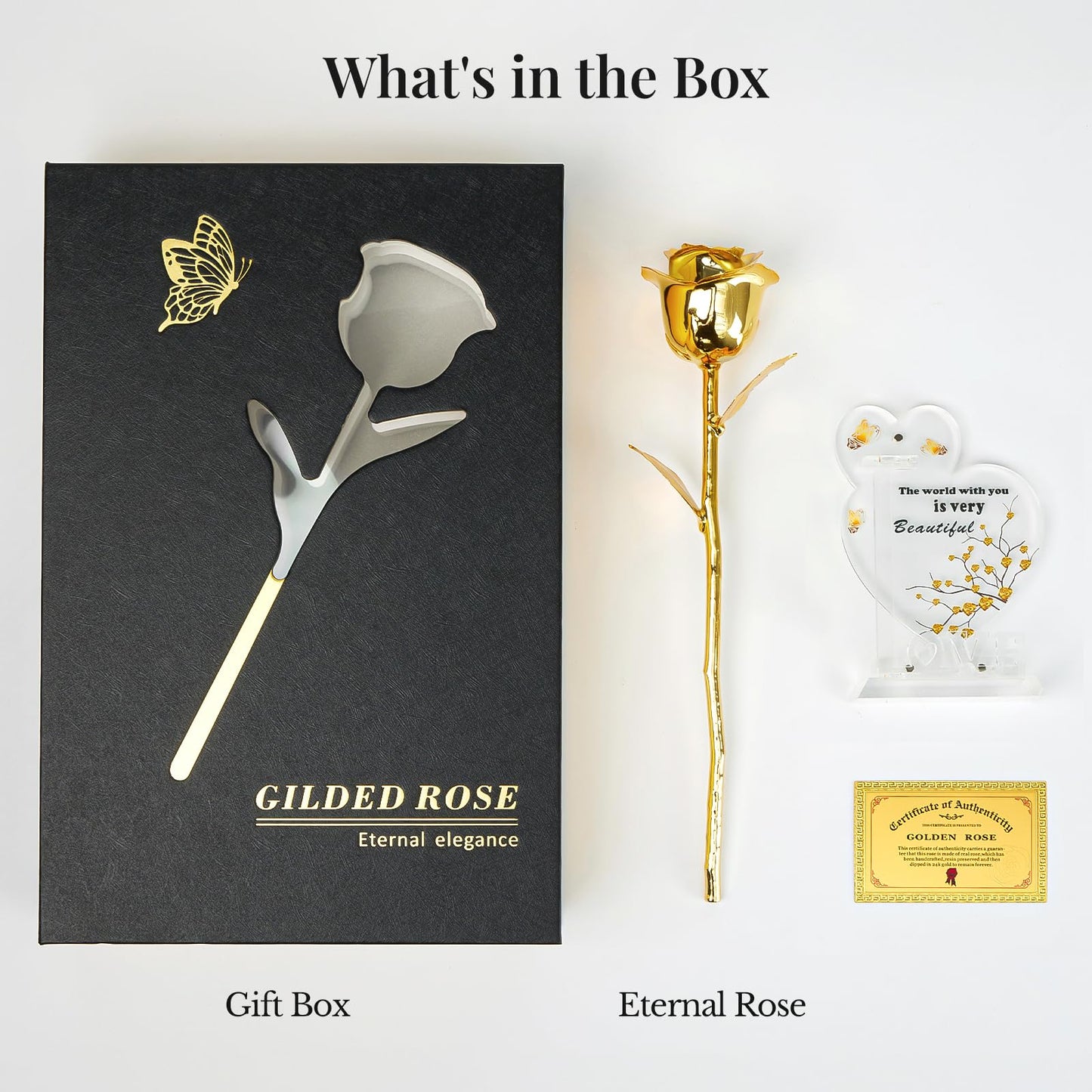 CIAPSK 24K Gold Dipped Rose Gift Set – Luxury Eternal Golden Rose with Interlocking Acrylic Butterfly Display Base & Premium Book-Style Gift Box – Romantic Anniversary & Birthday Gift for Her