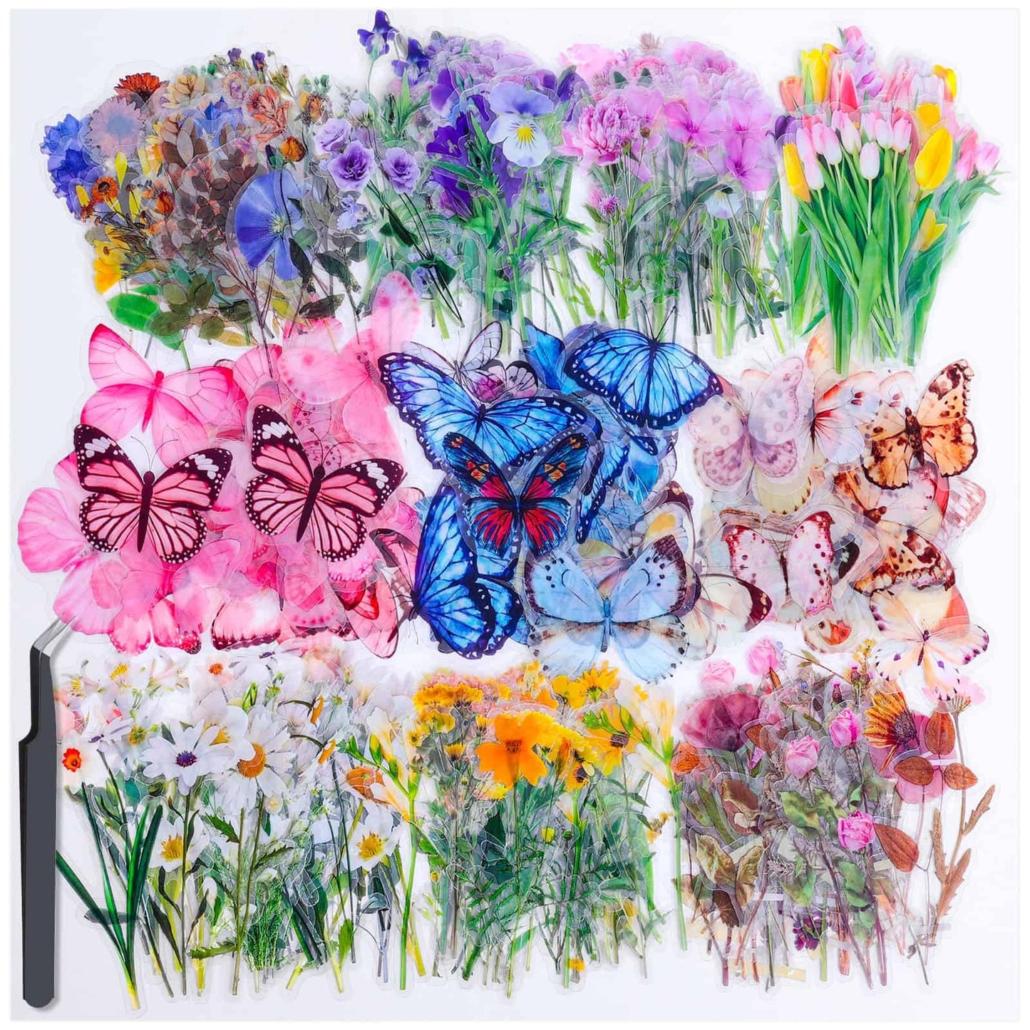 401Pcs Transparent Flower and Butterfly Stickers, Clear Floral Scrapbook Stickers Supplies for Journal Planner Notebook Resin Card Making Laptop Cell Phone Decorating